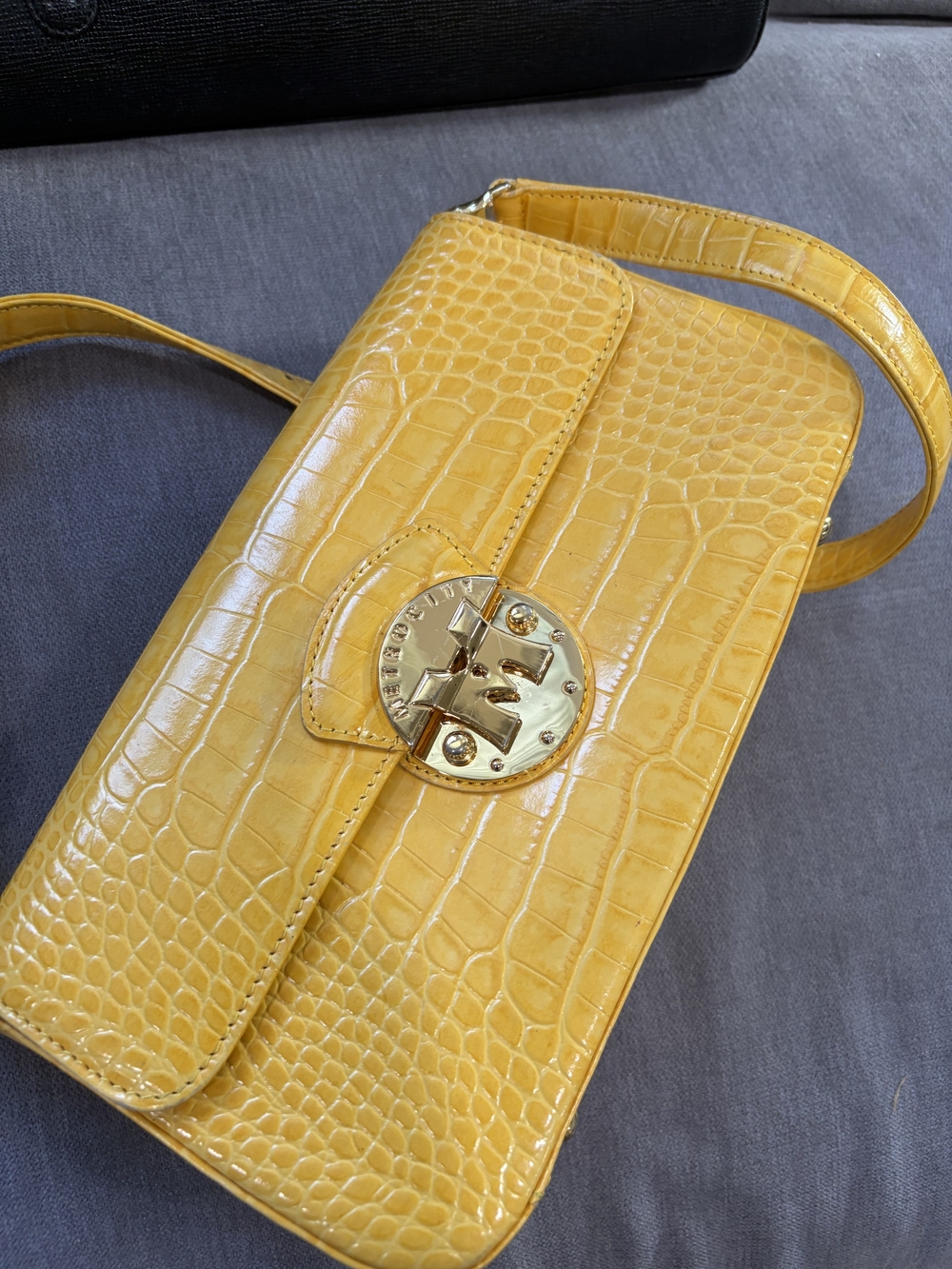 Yellow Croc-Embossed Shoulder Bag with Gold Logo Turnlock